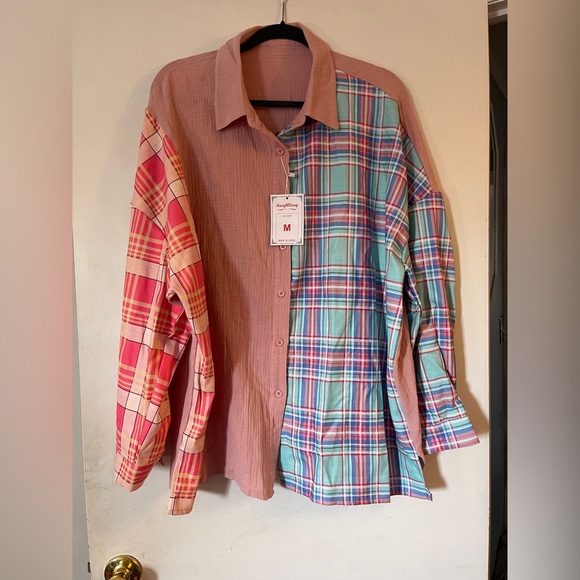 HangNiTang Tops - Pink and Blue Button Down Shirt with‎ Asymmetrical Design